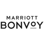 This image contains the logo for Marriott Bonvoy, the loyalty program of Marriott International, displayed in black and white text. logo on footer section.