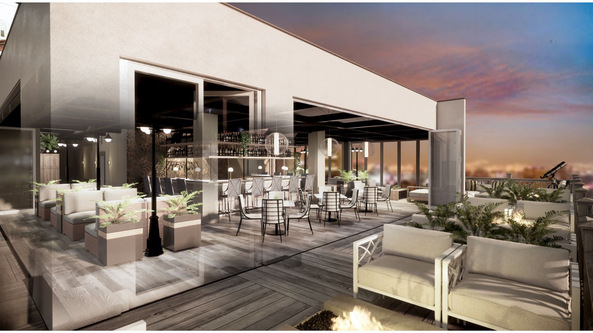 A modern rooftop lounge with outdoor seating, tables, potted plants, and a view of the sunset. The design features sleek furniture and a cozy atmosphere.