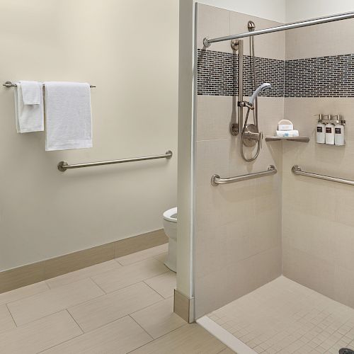 The image shows a modern, accessible bathroom with a roll-in shower, grab bars, a handheld showerhead, towels on racks, and bench.