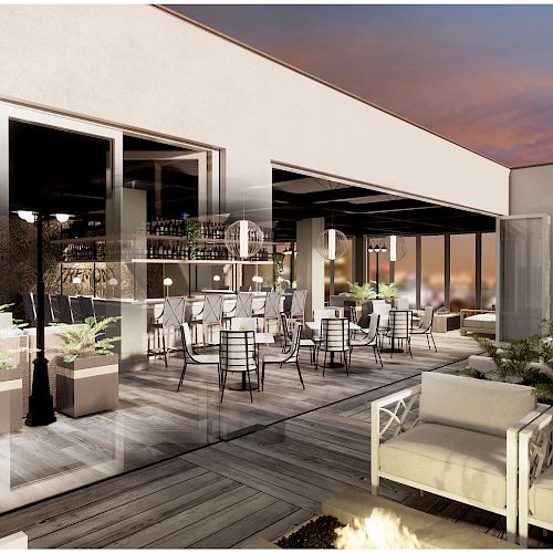 The image shows a modern rooftop patio with seating areas, tables, potted plants, and glass walls, set against a dusk sky, featuring an outdoor ambiance.