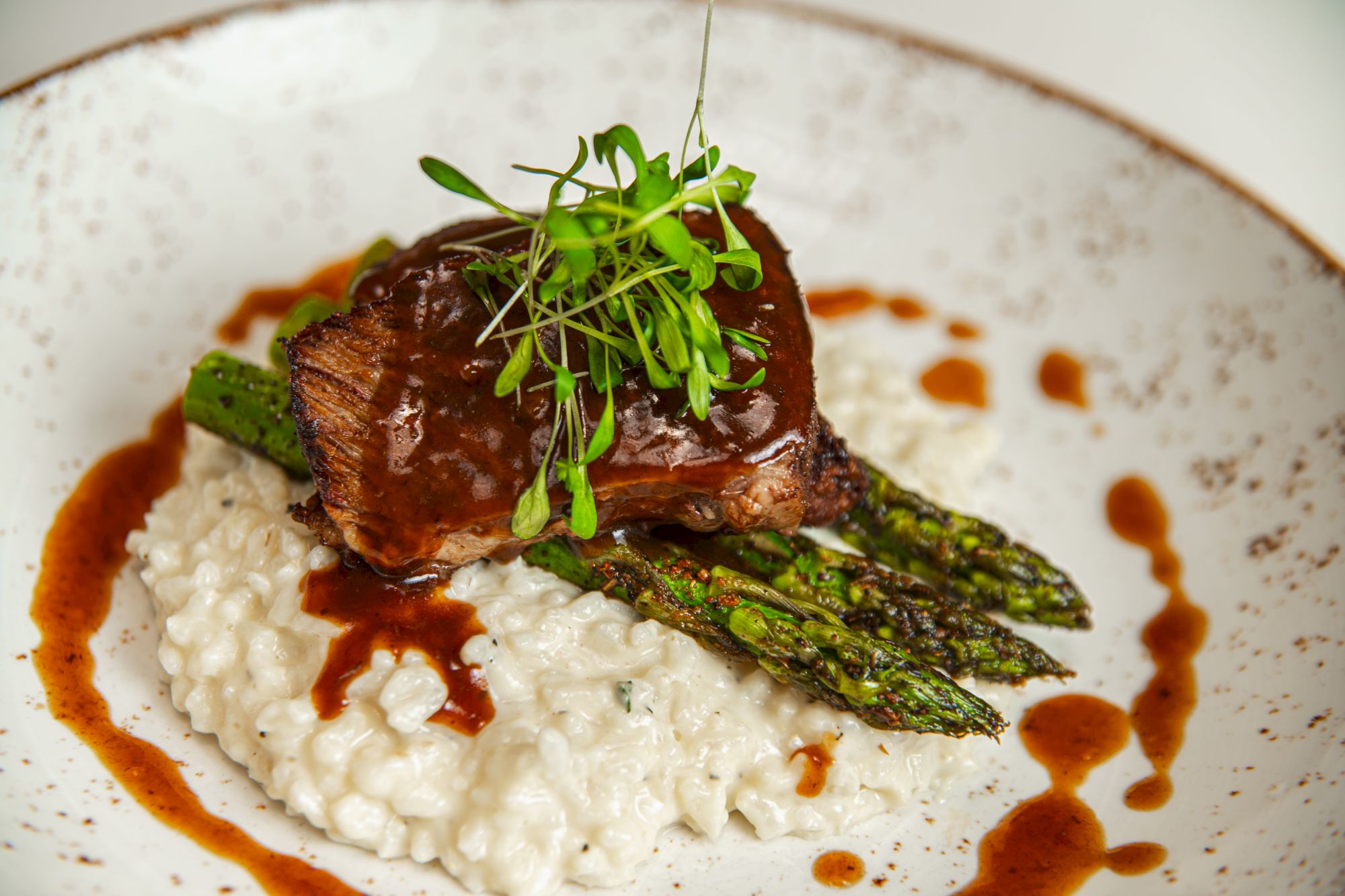 A plated steak with creamy risotto, roasted asparagus, and a rich brown sauce topped with fresh microgreens.