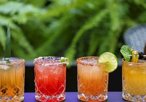 Four colorful cocktails are displayed in crystal glasses, each garnished with different fruits and herbs, set against a lush green background.