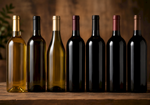 A row of seven wine bottles with gold, amber, red, and black-tinted glass sits on a wooden table against a blurred background.