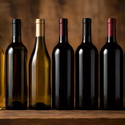 A row of seven wine bottles with gold, amber, red, and black-tinted glass sits on a wooden table against a blurred background.
